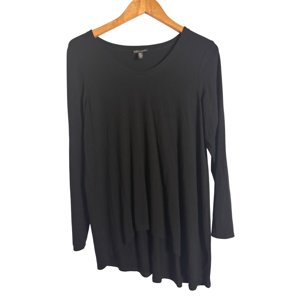 EILEEN FISHER Size L Black Viscose Lycra High‎ Low Long Sleeve Tunic Top Tee